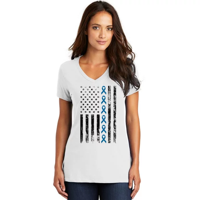 Colon Cancer Ribbon FLag Women's V-Neck T-Shirt