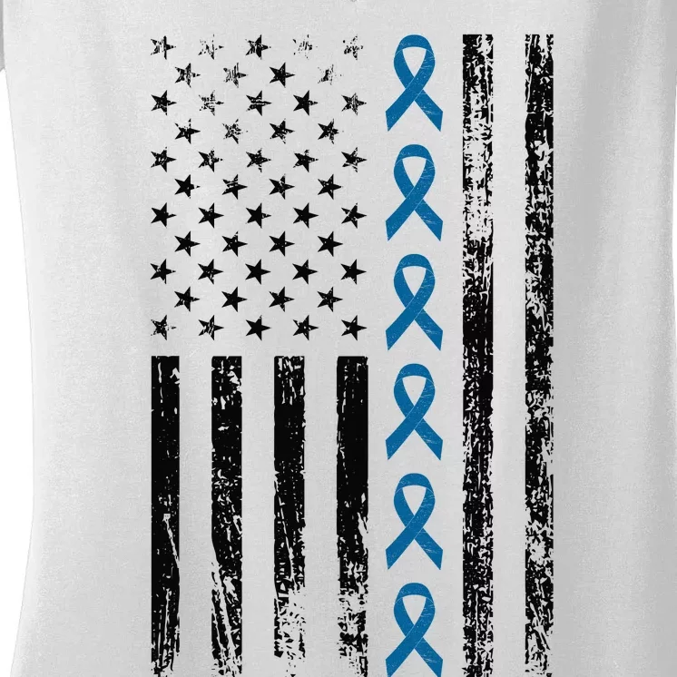 Colon Cancer Ribbon FLag Women's V-Neck T-Shirt