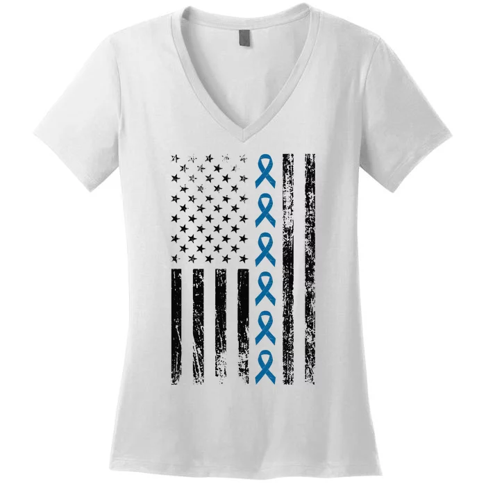 Colon Cancer Ribbon FLag Women's V-Neck T-Shirt