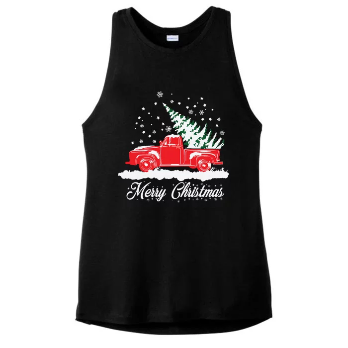 Christmas Classic Old Red Truck Vintage Pick Up Xmas Tree Ladies Tri-Blend Wicking Tank