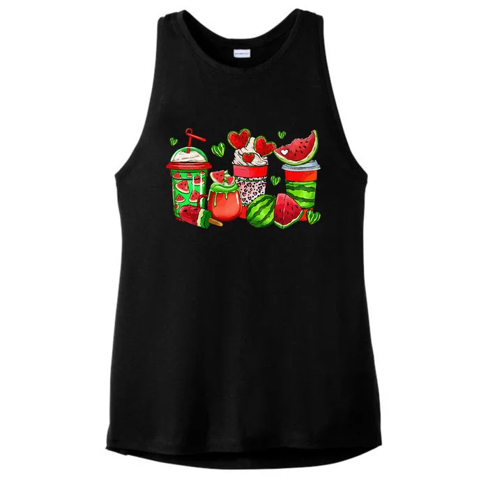 Cute Cups Of Iced Coffee Watermelon Tropical Summer Vacation Ladies Tri-Blend Wicking Tank