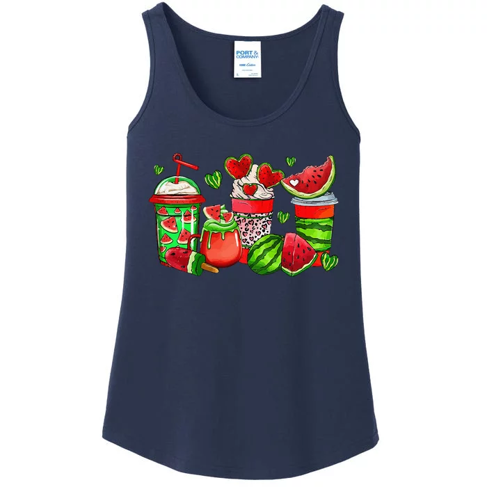 Cute Cups Of Iced Coffee Watermelon Tropical Summer Vacation Ladies Essential Tank