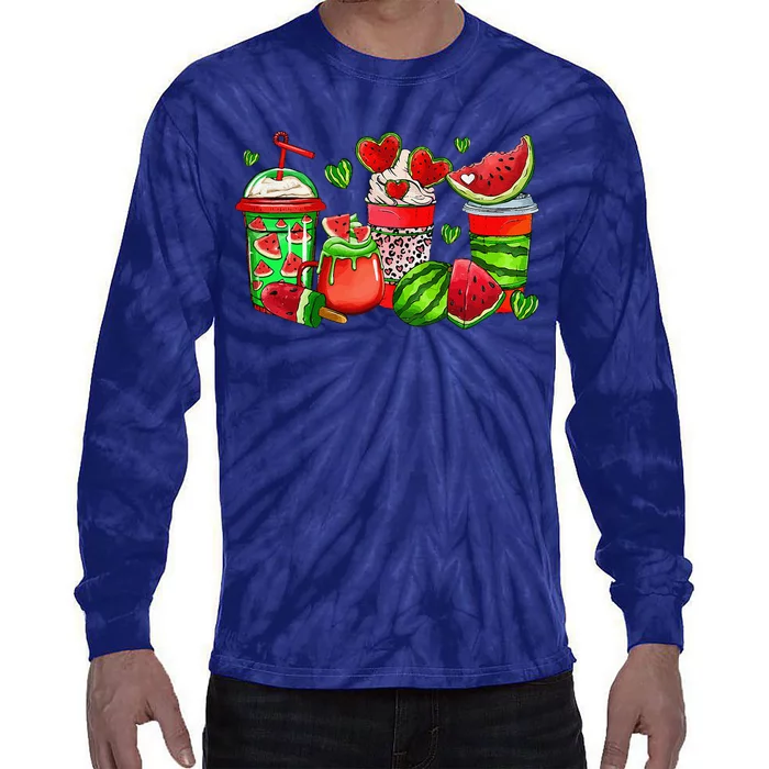 Cute Cups Of Iced Coffee Watermelon Tropical Summer Vacation Tie-Dye Long Sleeve Shirt