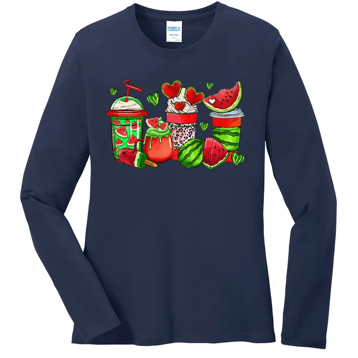 Cute Cups Of Iced Coffee Watermelon Tropical Summer Vacation Ladies Long Sleeve Shirt