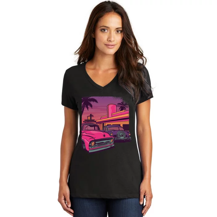 Classic Cruise Old School Retro Vintage Car Women's V-Neck T-Shirt