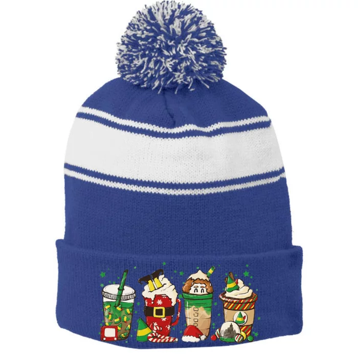 Christmas Coffee Peppermint Iced Latte Snowmen Hot Cocoa Stripe Pom Pom Beanie