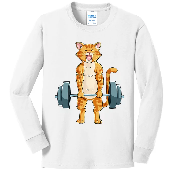 Cute Cat Powerlifting Weightlifting Deadlifting Gym Lover Kids Long Sleeve Shirt