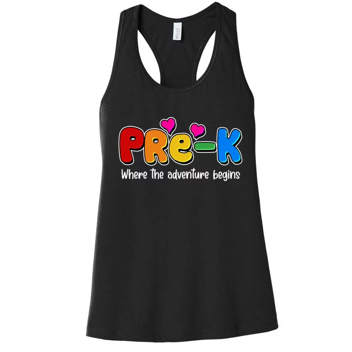 Cute Colorful Pre K Where The Adventure Begins Women's Racerback Tank