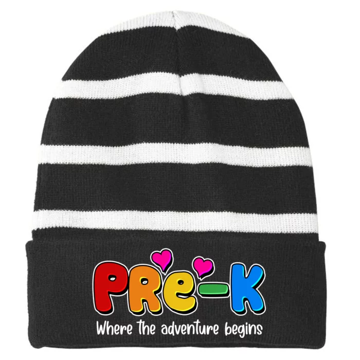 Cute Colorful Pre K Where The Adventure Begins Striped Beanie with Solid Band