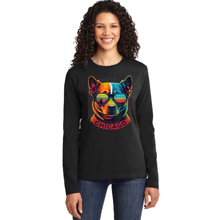 CHICAGO CITY PUP In SHADES With CITY FLAG Vintage Designer Ladies Long Sleeve Shirt