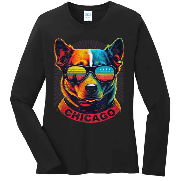 CHICAGO CITY PUP In SHADES With CITY FLAG Vintage Designer Ladies Long Sleeve Shirt