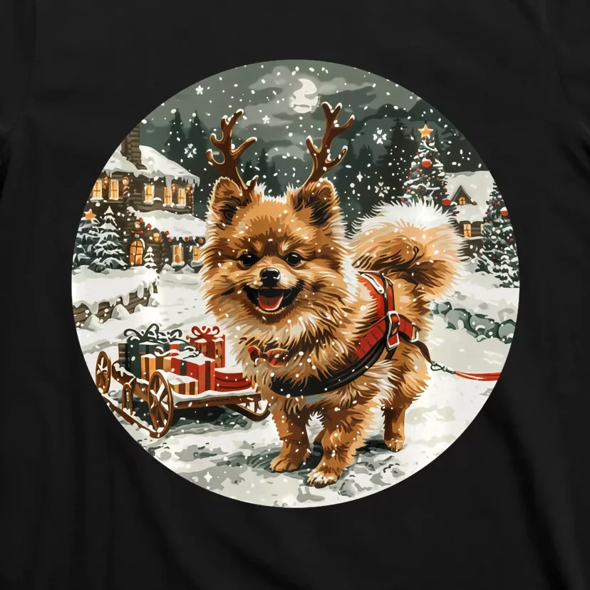 Cute Christmas Pomeranian Puppy Reindeer Dog Holiday Village T-Shirt