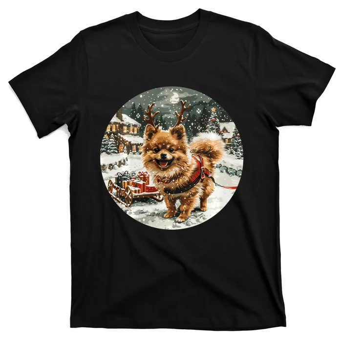 Cute Christmas Pomeranian Puppy Reindeer Dog Holiday Village T-Shirt