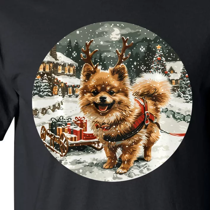 Cute Christmas Pomeranian Puppy Reindeer Dog Holiday Village Tall T-Shirt