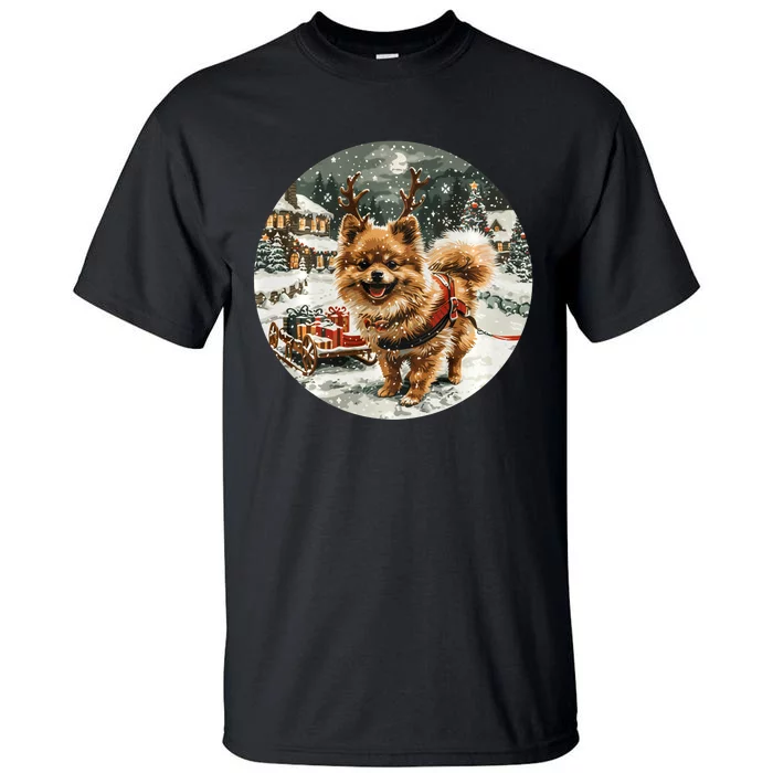 Cute Christmas Pomeranian Puppy Reindeer Dog Holiday Village Tall T-Shirt