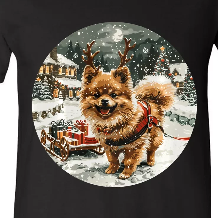 Cute Christmas Pomeranian Puppy Reindeer Dog Holiday Village V-Neck T-Shirt