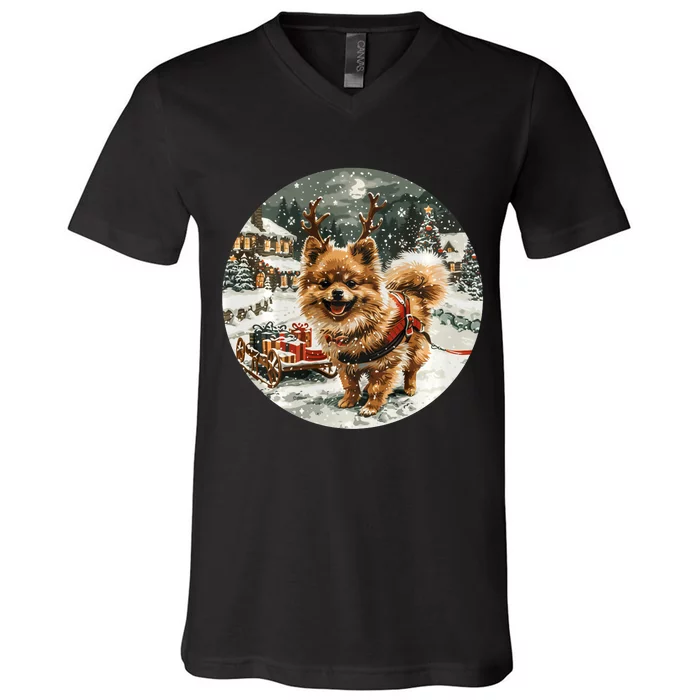 Cute Christmas Pomeranian Puppy Reindeer Dog Holiday Village V-Neck T-Shirt