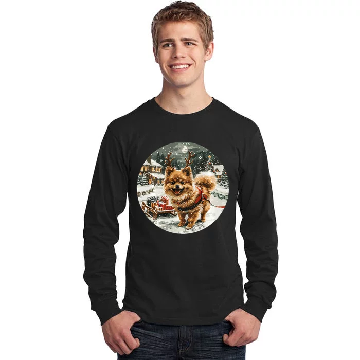 Cute Christmas Pomeranian Puppy Reindeer Dog Holiday Village Tall Long Sleeve T-Shirt