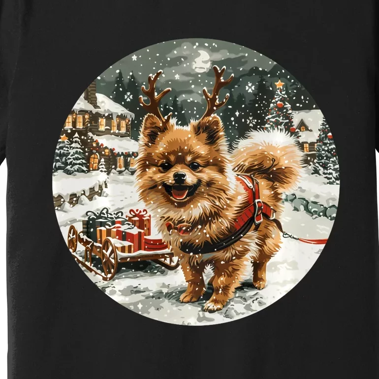 Cute Christmas Pomeranian Puppy Reindeer Dog Holiday Village Premium T-Shirt