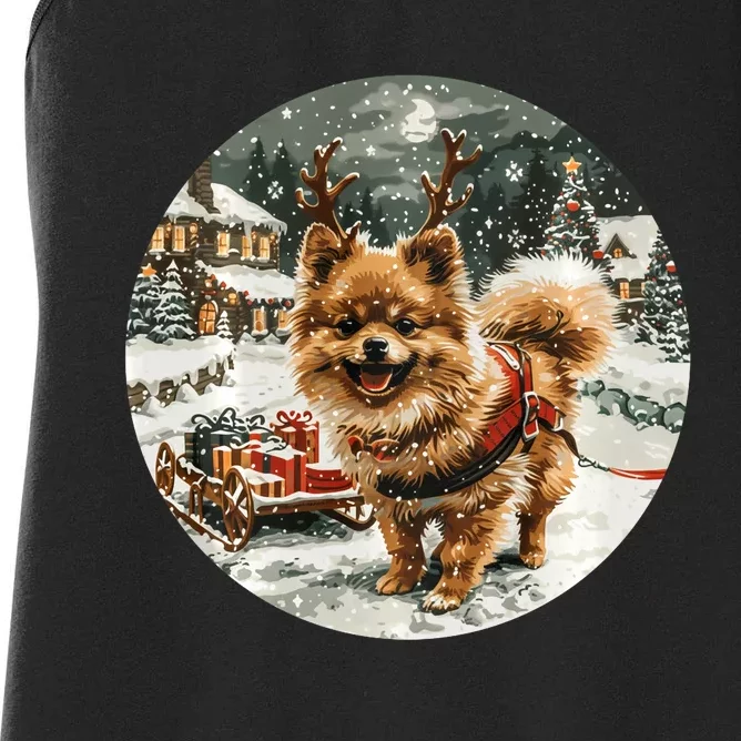 Cute Christmas Pomeranian Puppy Reindeer Dog Holiday Village Women's Racerback Tank