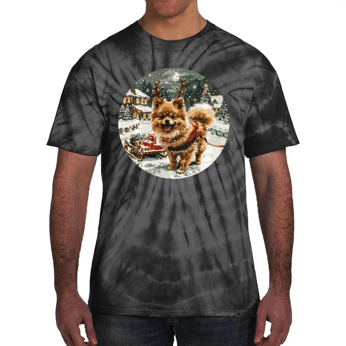 Cute Christmas Pomeranian Puppy Reindeer Dog Holiday Village Tie-Dye T-Shirt