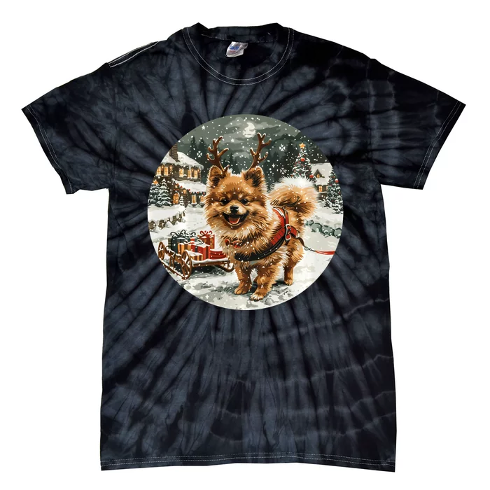 Cute Christmas Pomeranian Puppy Reindeer Dog Holiday Village Tie-Dye T-Shirt