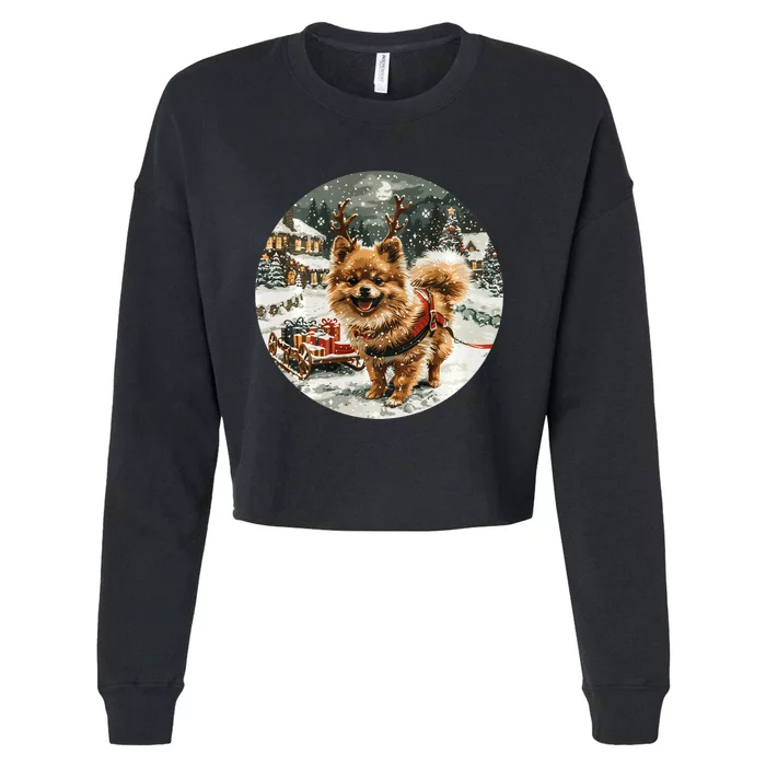 Cute Christmas Pomeranian Puppy Reindeer Dog Holiday Village Cropped Pullover Crew