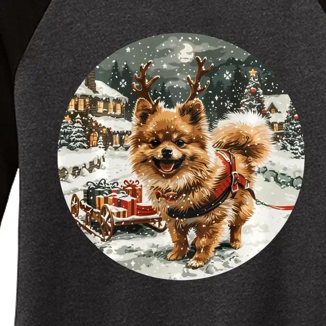 Cute Christmas Pomeranian Puppy Reindeer Dog Holiday Village Women's Tri-Blend 3/4-Sleeve Raglan Shirt