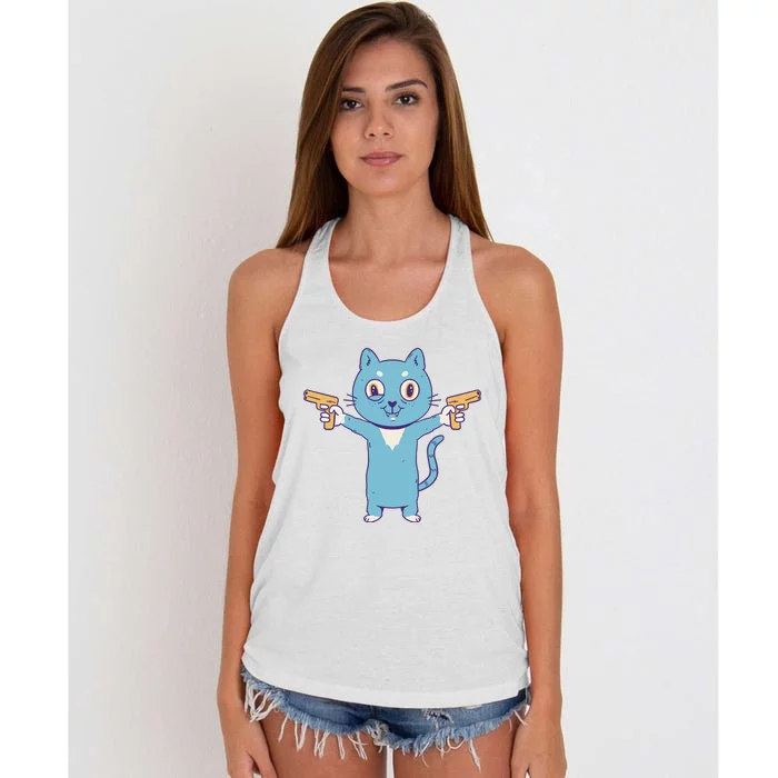 Crazy Cat Pew Pew Funny Women's Knotted Racerback Tank