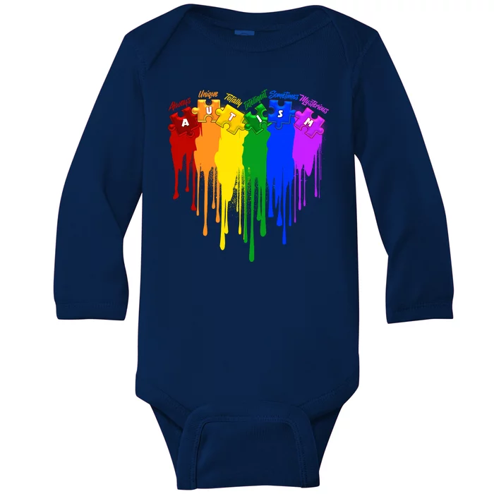 Cute Colorful Painted Autism Puzzle Pieces Heart Baby Long Sleeve Bodysuit