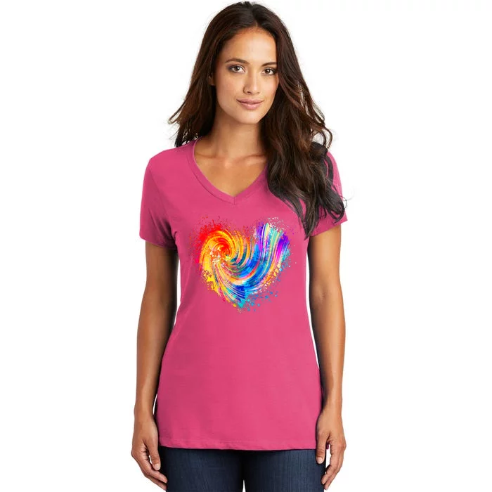 Cool Colorful Paint Swirl Splatter Heart Women's V-Neck T-Shirt