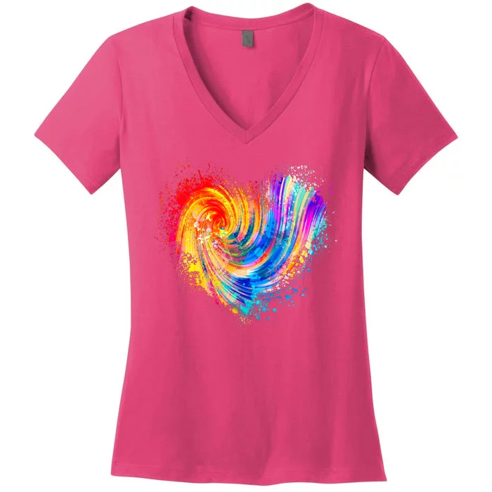 Cool Colorful Paint Swirl Splatter Heart Women's V-Neck T-Shirt