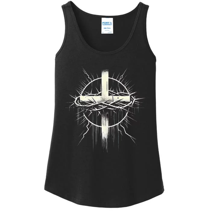 Christian Cross Punk Art Style Crown Of Thorns Distressed Ladies Essential Tank