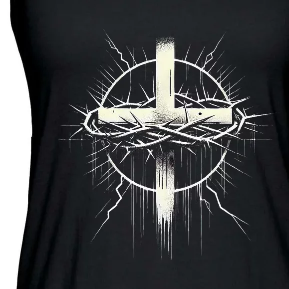 Christian Cross Punk Art Style Crown Of Thorns Distressed Ladies Essential Flowy Tank