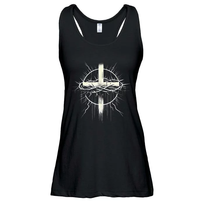 Christian Cross Punk Art Style Crown Of Thorns Distressed Ladies Essential Flowy Tank