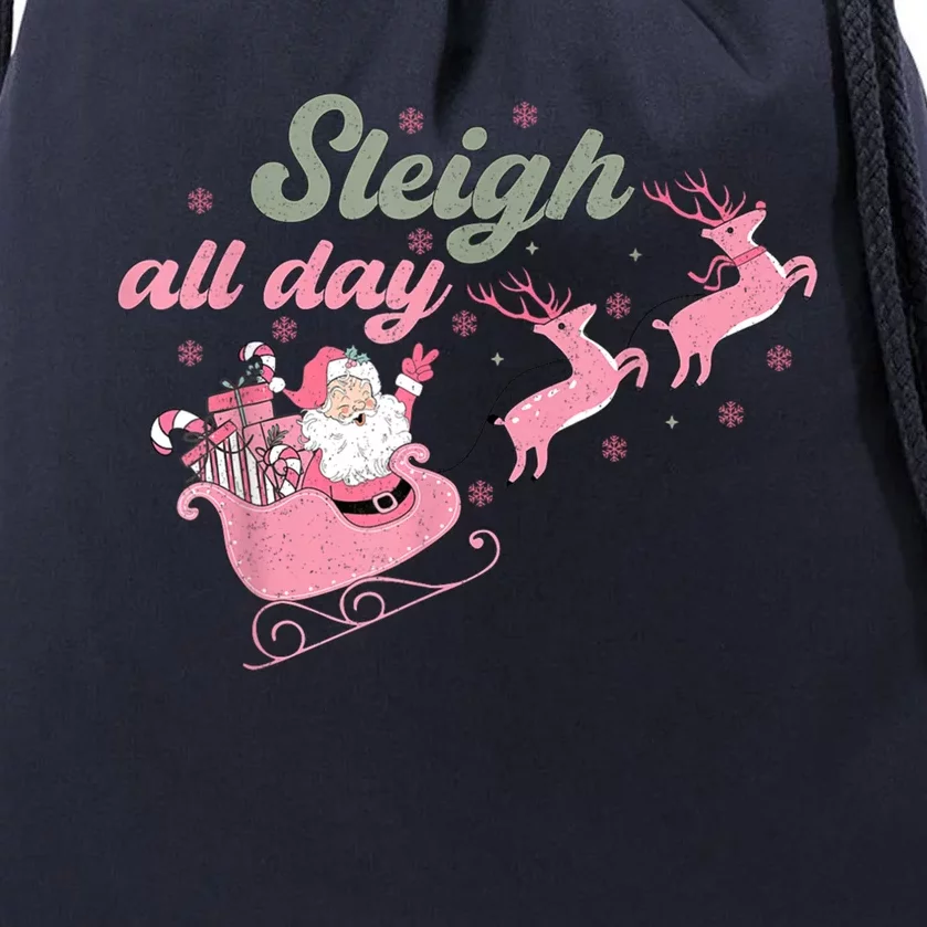 Cute Christmas Pink Funny Gift Sleigh All Day Santa Xmas Retro Cute Gift Drawstring Bag