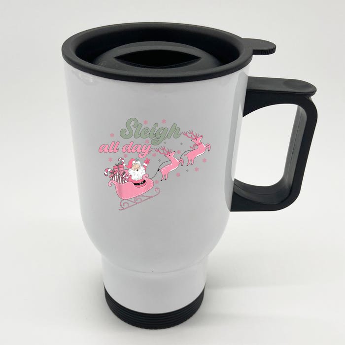 Cute Christmas Pink Funny Gift Sleigh All Day Santa Xmas Retro Cute Gift Front & Back Stainless Steel Travel Mug