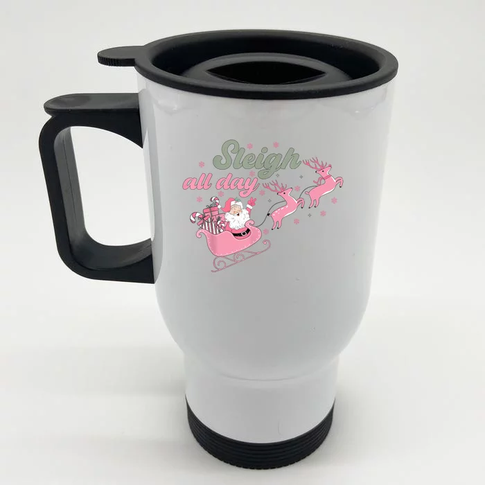 Cute Christmas Pink Funny Gift Sleigh All Day Santa Xmas Retro Cute Gift Front & Back Stainless Steel Travel Mug