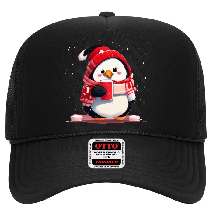 Cocoa Christmas Penguin High Crown Mesh Trucker Hat