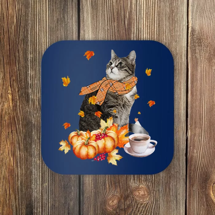 Cute Cat & Pumpkin Spice Funny Cat Lover Fall Thanksgiving Coaster