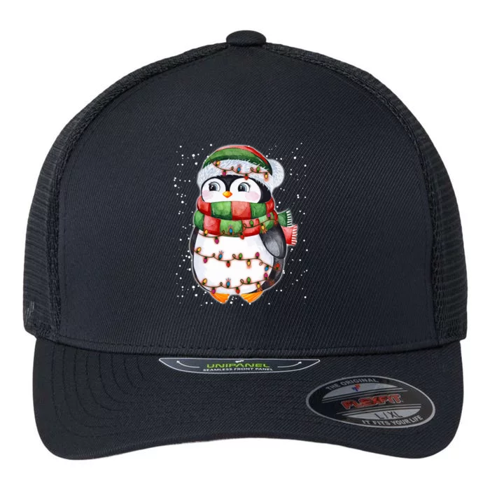 Cute Christmas Penguin Funny Gift Penguin Santa Hat Xmas Lights Meaningful Gift Flexfit Unipanel Trucker Cap