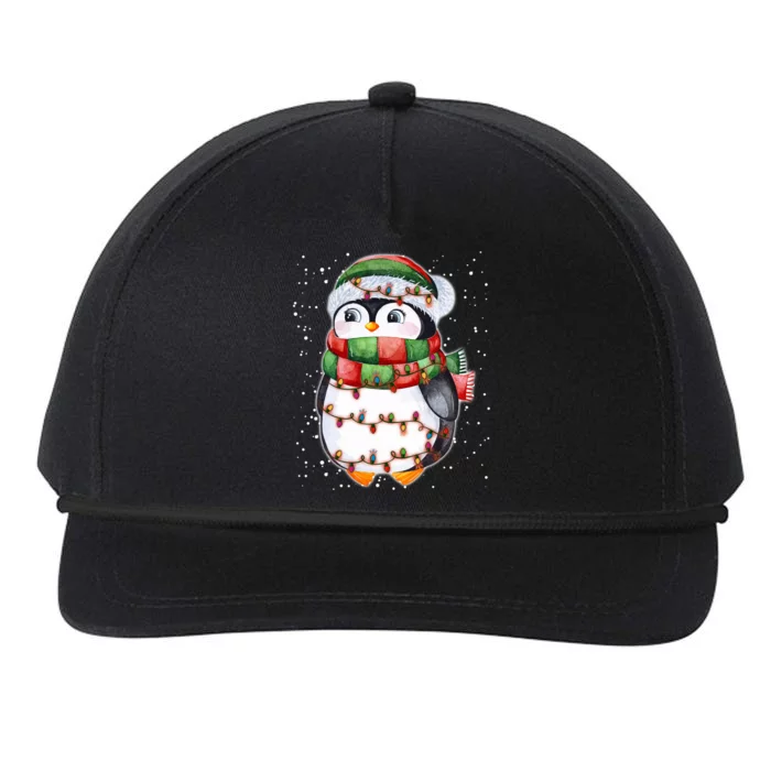 Cute Christmas Penguin Funny Gift Penguin Santa Hat Xmas Lights Meaningful Gift Snapback Five-Panel Rope Hat