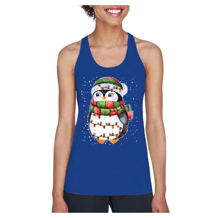 Cute Christmas Penguin Funny Gift Penguin Santa Hat Xmas Lights Meaningful Gift Women's Racerback Tank