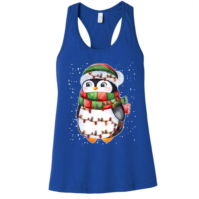 Cute Christmas Penguin Funny Gift Penguin Santa Hat Xmas Lights Meaningful Gift Women's Racerback Tank