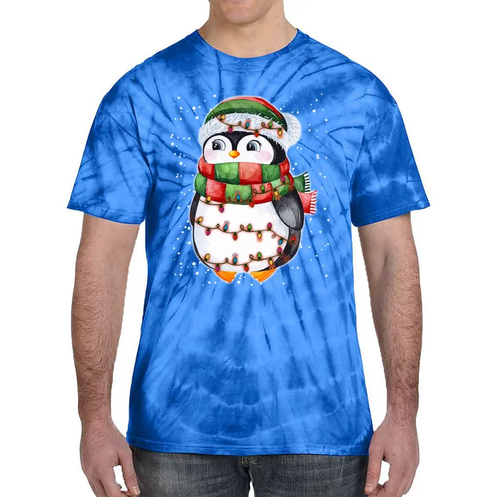 Cute Christmas Penguin Funny Gift Penguin Santa Hat Xmas Lights Meaningful Gift Tie-Dye T-Shirt