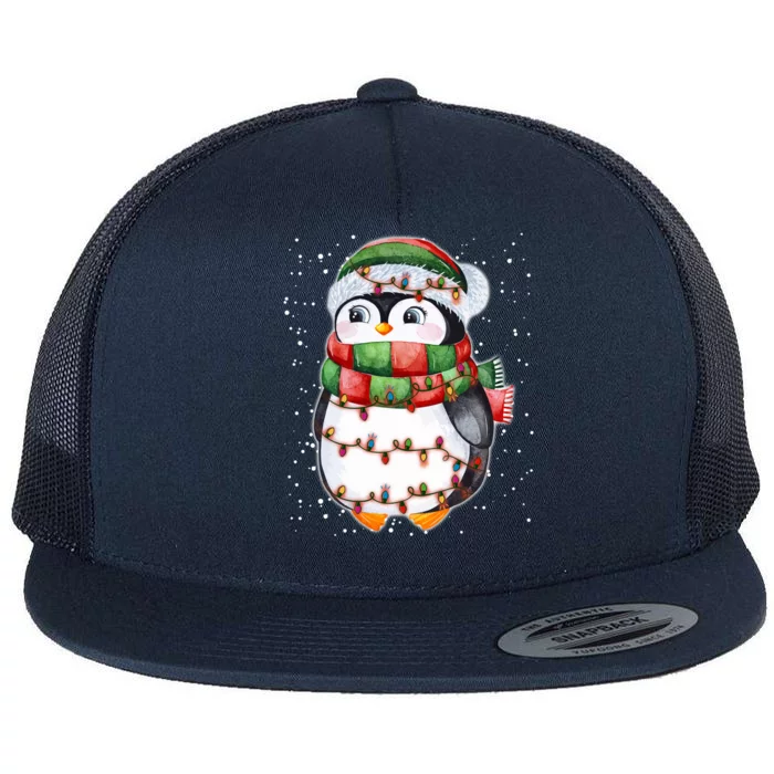 Cute Christmas Penguin Funny Gift Penguin Santa Hat Xmas Lights Meaningful Gift Flat Bill Trucker Hat