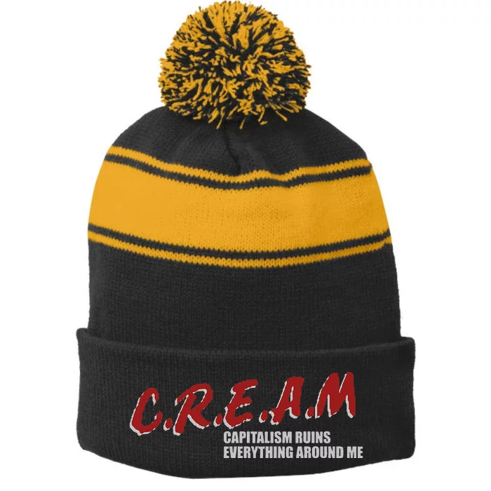 C.r.e.a.m capitalism ruins everything around me Stripe Pom Pom Beanie