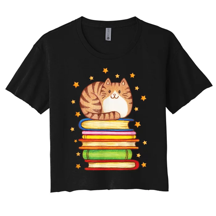 Cute Cat Reading Women's Crop Top Tee