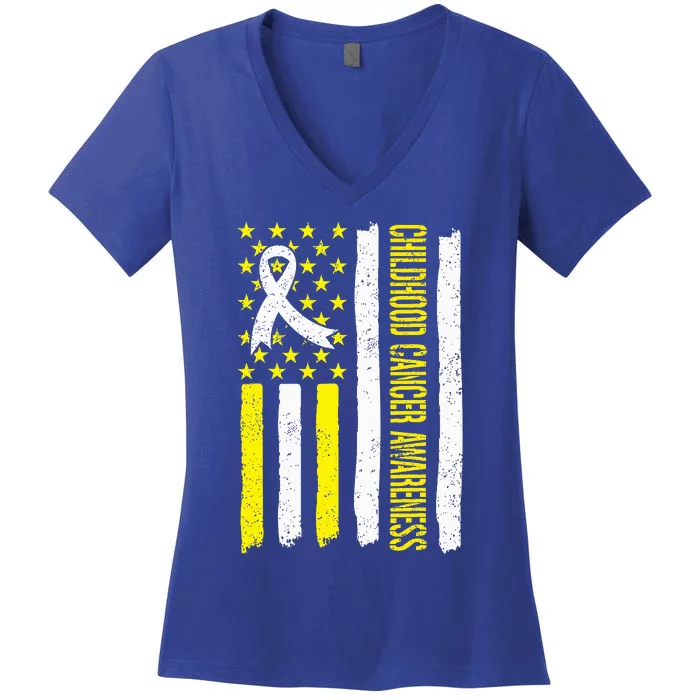 Childhood Cancer Ribbon Flag Childrens Cancer Warriors Women's V-Neck T-Shirt