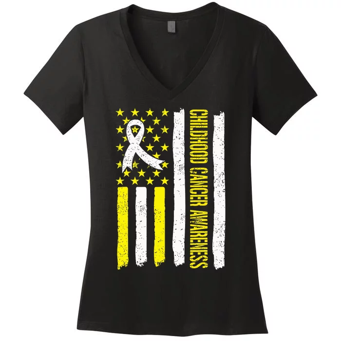 Childhood Cancer Ribbon Flag Childrens Cancer Warriors Women's V-Neck T-Shirt